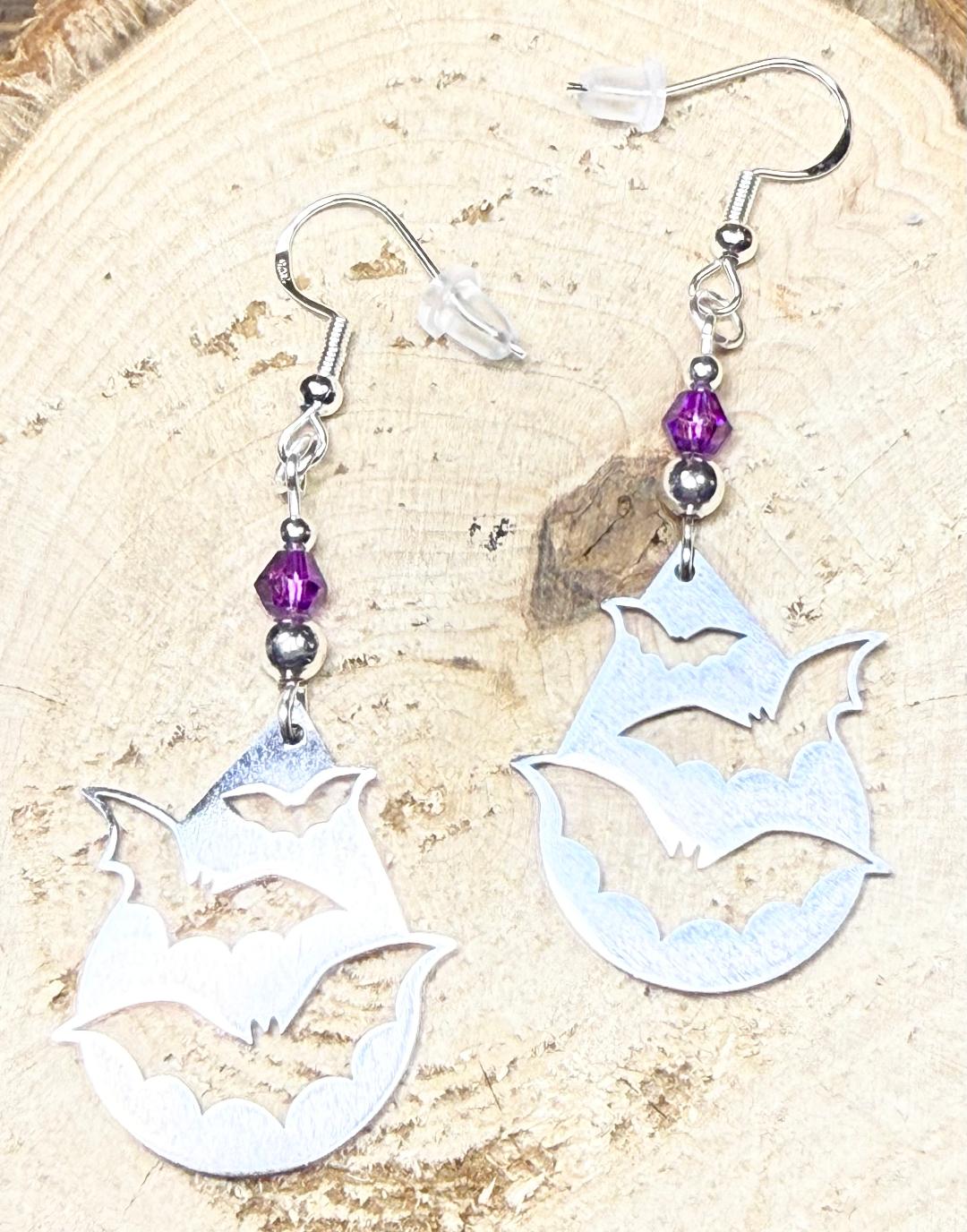 NEW Halloween Silver Stainless Steel Teardrop Earrings w/ Bat Cutouts & Purple Beads