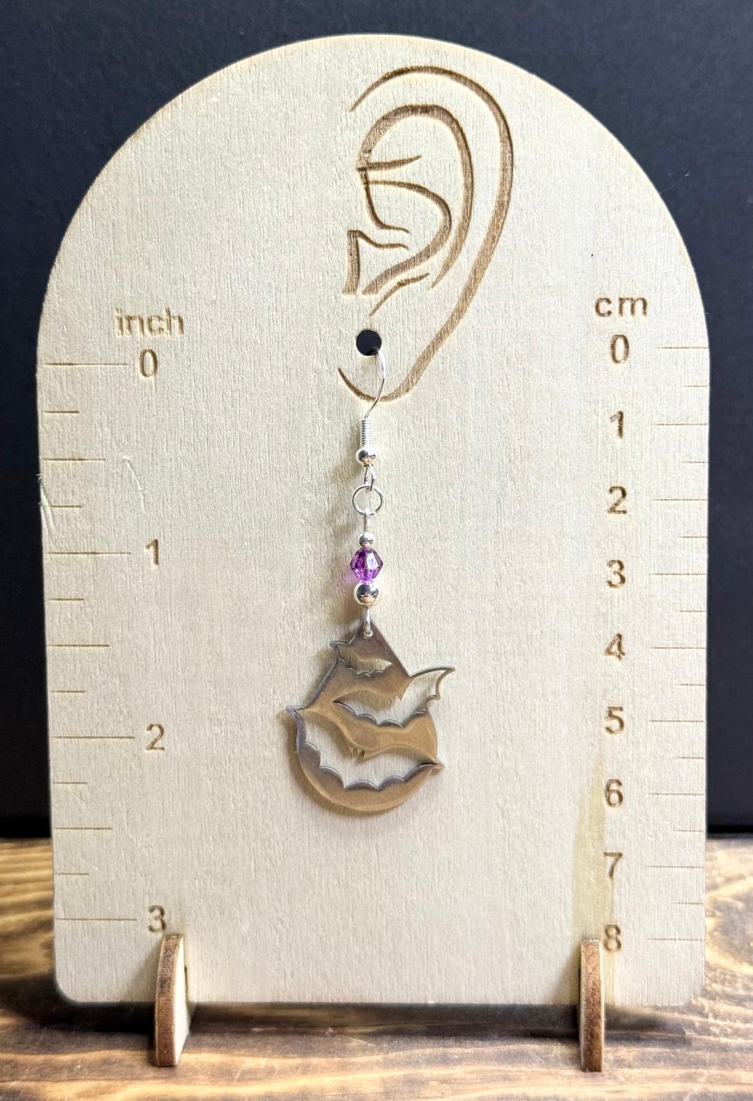 NEW Halloween Silver Stainless Steel Teardrop Earrings w/ Bat Cutouts & Purple Beads