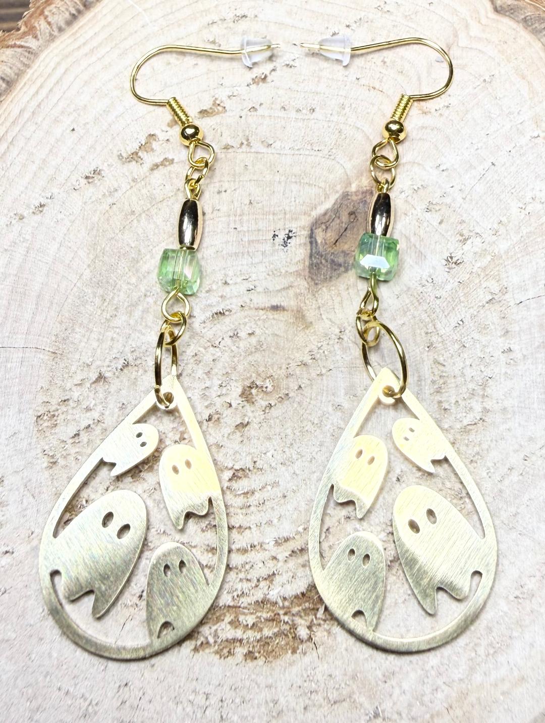 NEW Halloween Gold Stainless Steel Teardrop Ghost Earrings w/ Square Green Beads