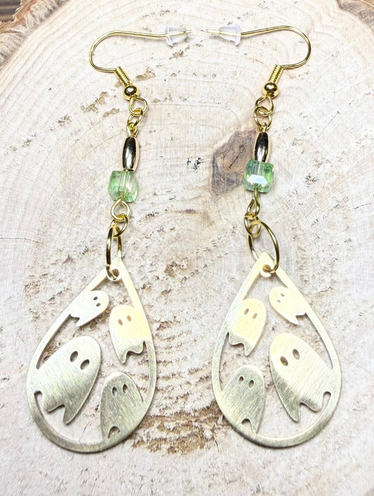 NEW Halloween Gold Stainless Steel Teardrop Ghost Earrings w/ Square Green Beads