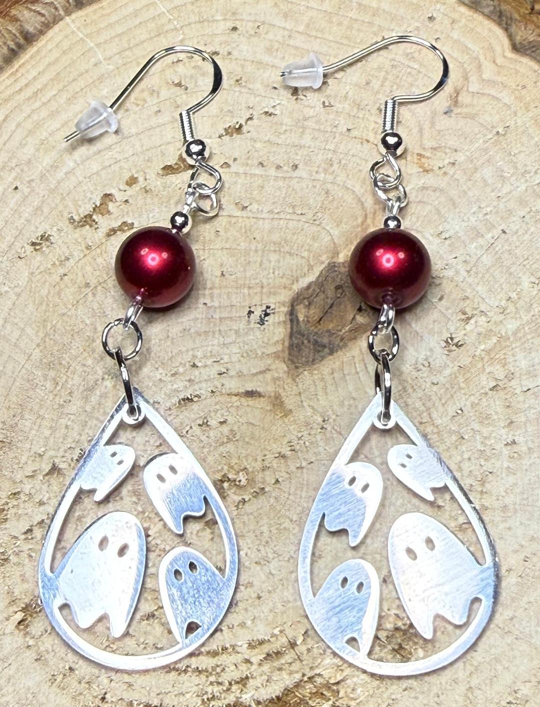 NEW Halloween Silver Stainless Steel Teardrop Ghost Earrings w/ Matte Satin Red Beads