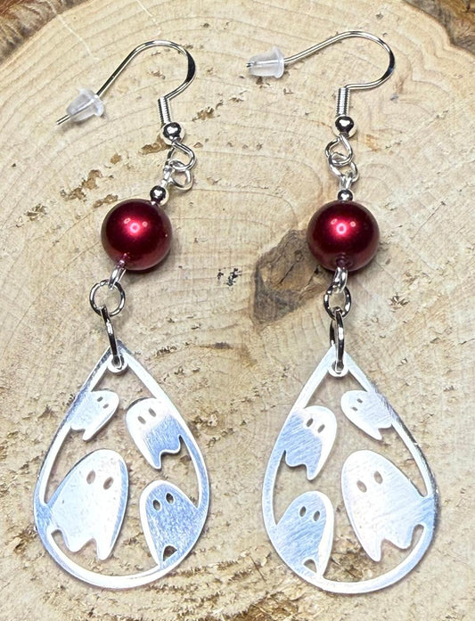 NEW Halloween Silver Stainless Steel Teardrop Ghost Earrings w/ Matte Satin Red Beads