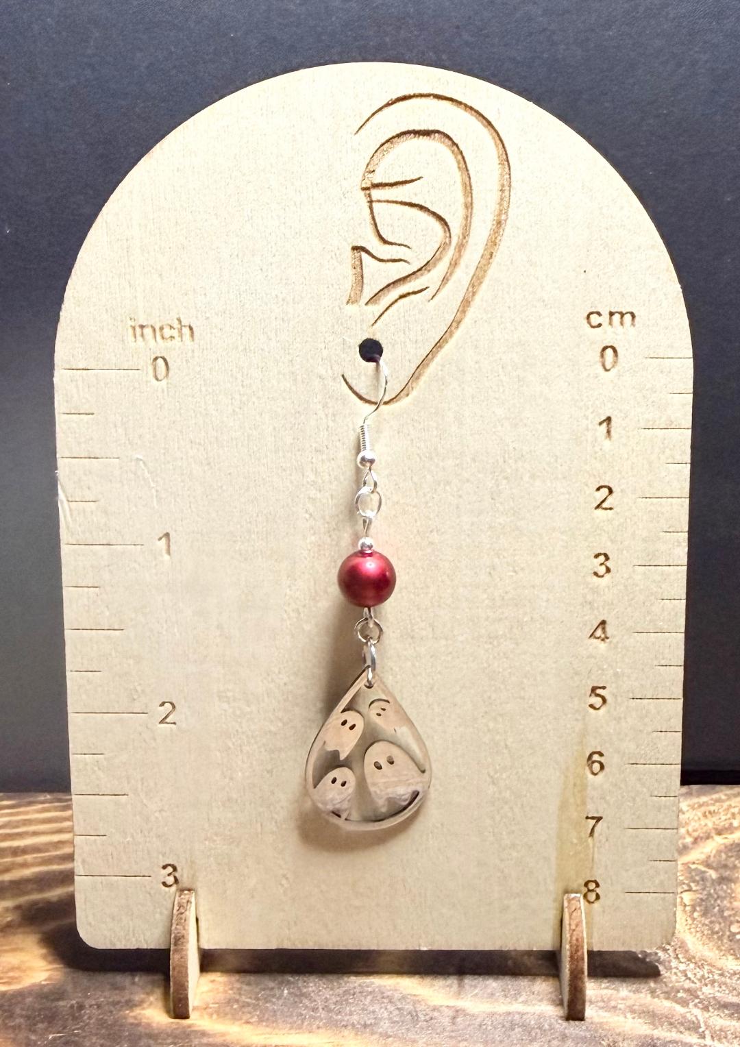 NEW Halloween Silver Stainless Steel Teardrop Ghost Earrings w/ Matte Satin Red Beads