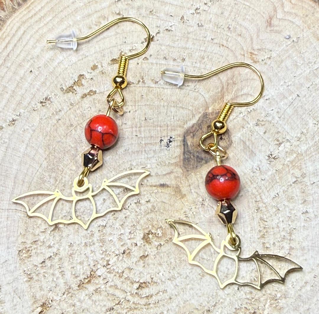 NEW Halloween Gold Stainless Steel Hollow Bat Outline Earrings w/ Red Beads