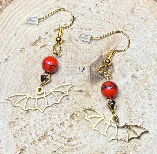 NEW Halloween Gold Stainless Steel Hollow Bat Outline Earrings w/ Red Beads