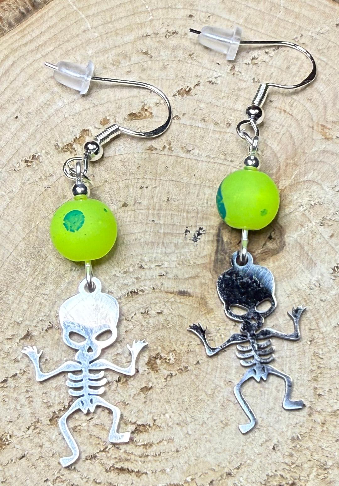 NEW Halloween Little Dancing Stainless Steel Skeleton Earrings w/ Neon Green Glass Beads