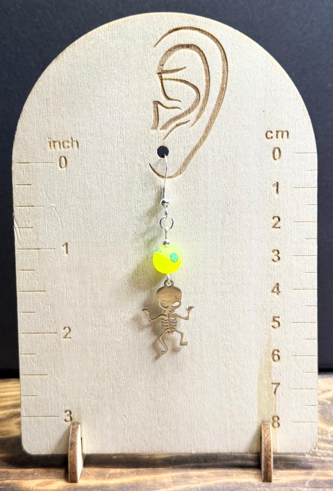 NEW Halloween Little Dancing Stainless Steel Skeleton Earrings w/ Neon Green Glass Beads
