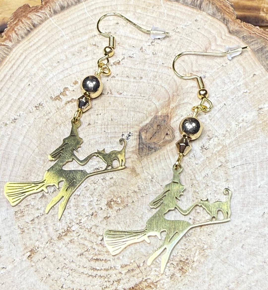 NEW Halloween Earrings Stainless Steel Gold Silouette Witch on Broom w/ Cat