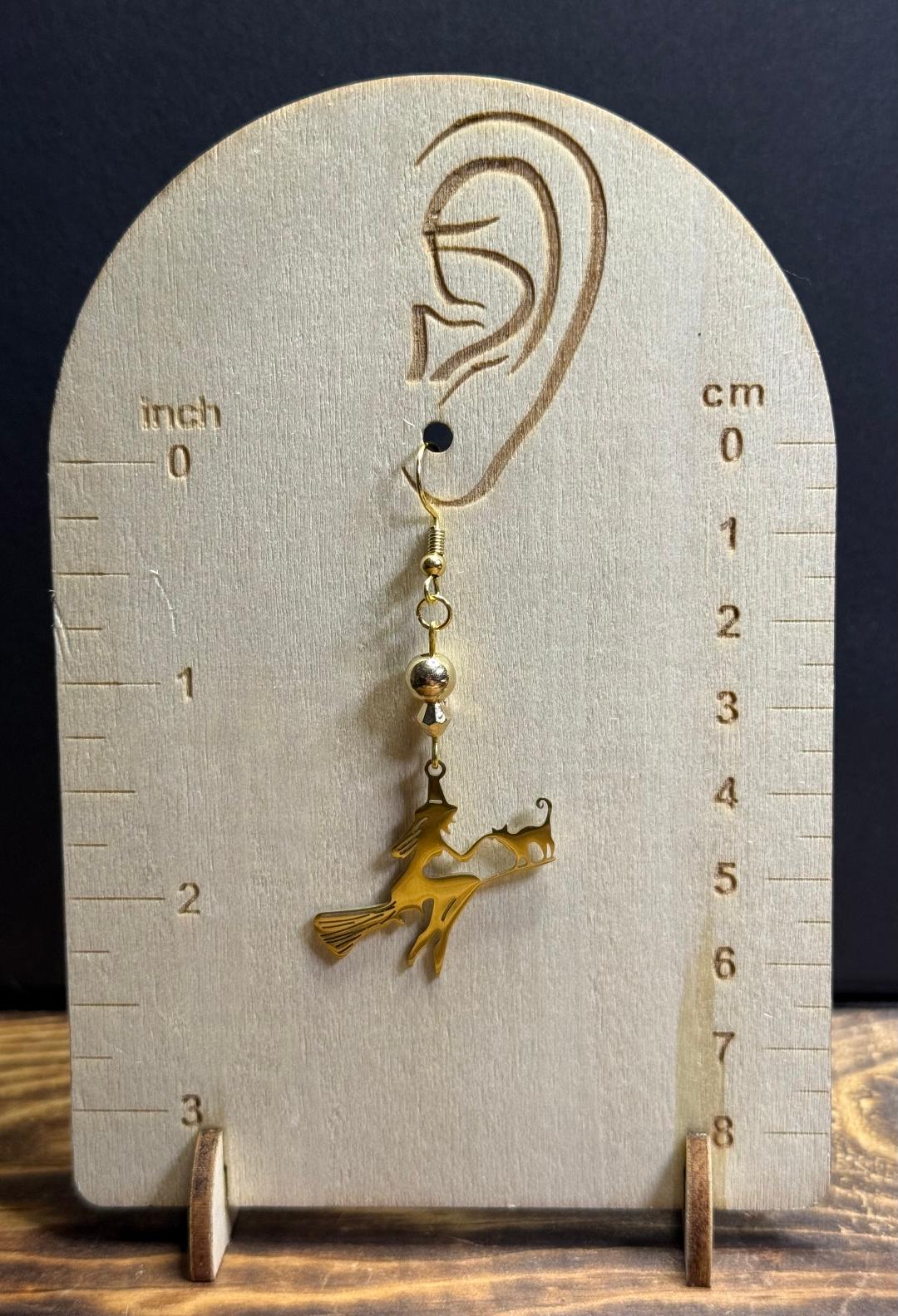 NEW Halloween Earrings Stainless Steel Gold Silouette Witch on Broom w/ Cat