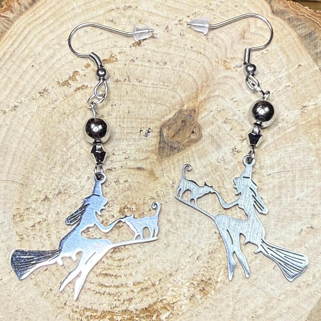 NEW Halloween Earrings Stainless Steel Silver Silouette Witch on Broom w/ Cat