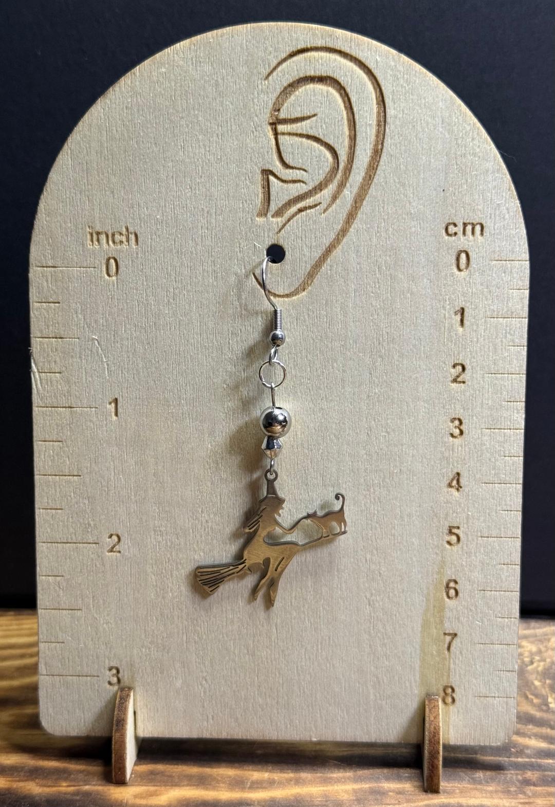 NEW Halloween Earrings Stainless Steel Silver Silouette Witch on Broom w/ Cat