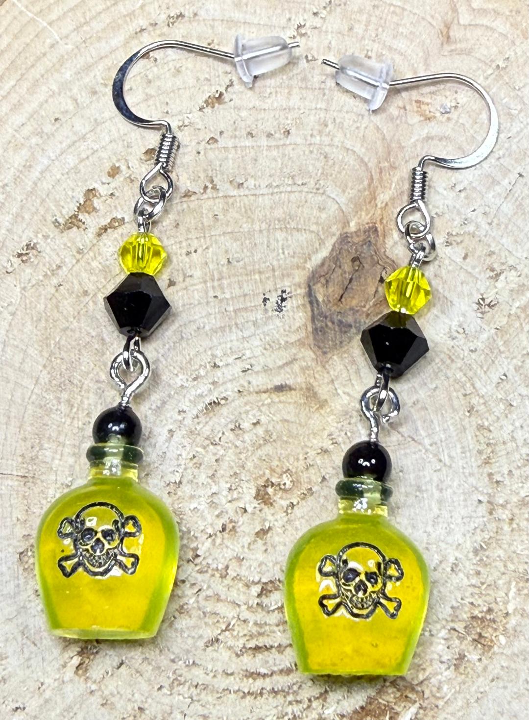 NEW Halloween Yellow Poison Bottle Skull & Cross Bones Earrings w/ Glass Beads
