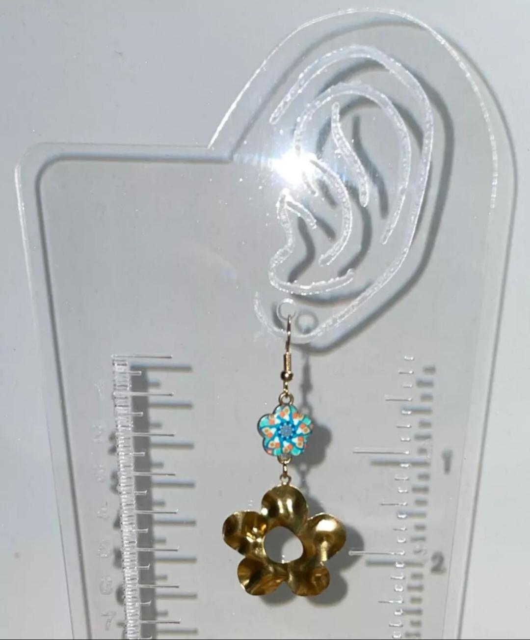NEW Gold Tone Hammered Metal Flower Power Hippie Earrings w/ Teal Mandala Charm