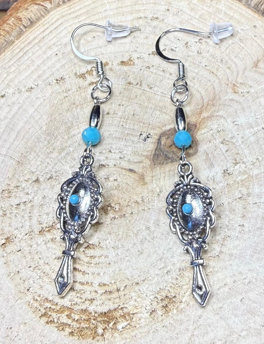 NEW Mini Hand Mirror Charm Earrings w/ Turquoise Green Beads
