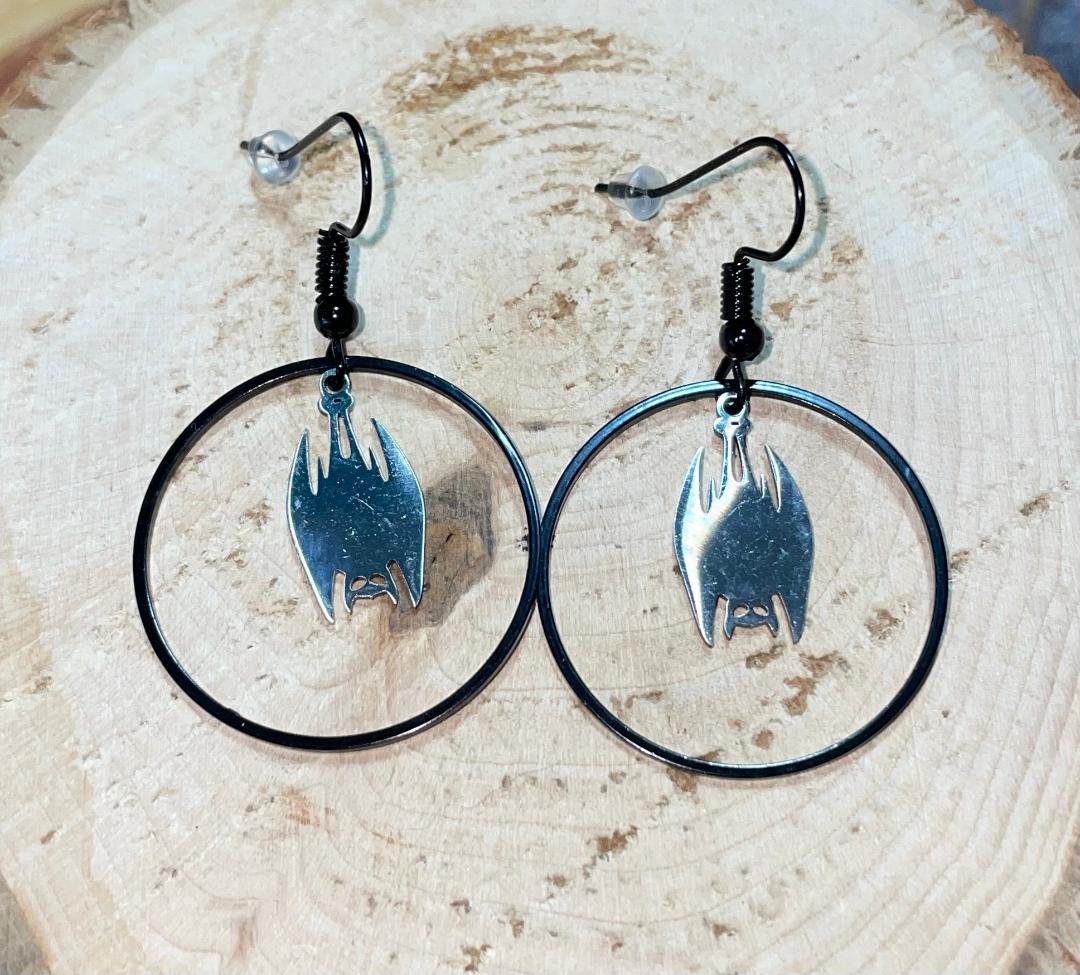 NEW Stainless Steel Hanging Bat & Black Hoop Goth Earrings
