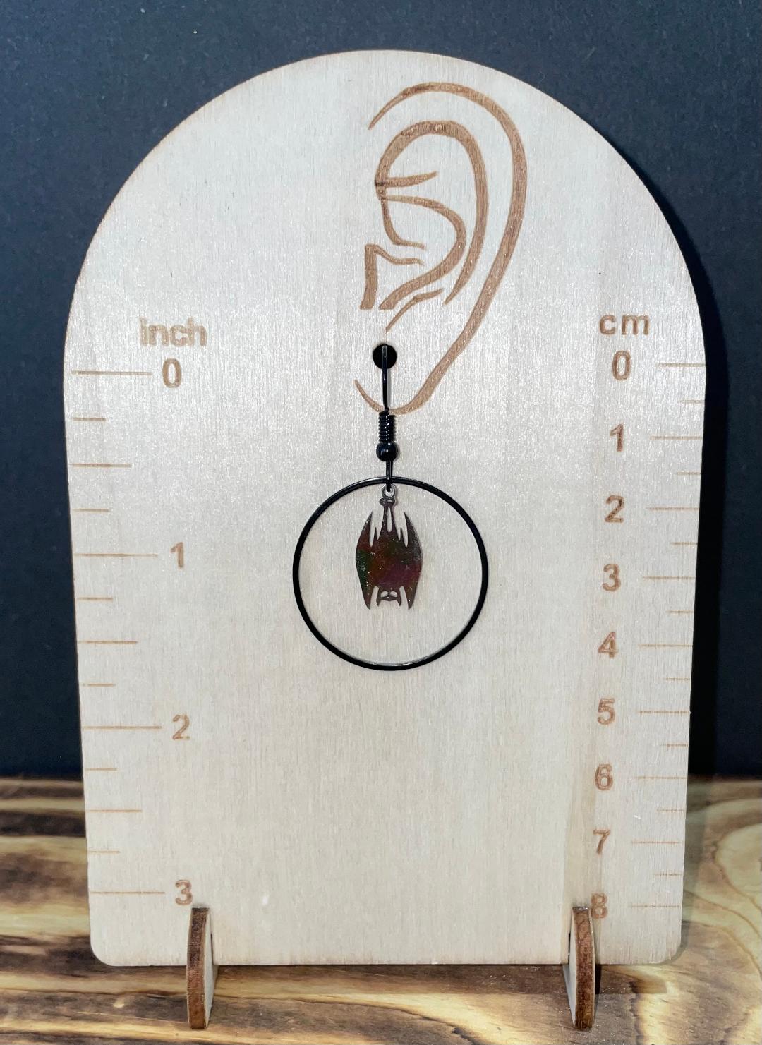 NEW Stainless Steel Hanging Bat & Black Hoop Goth Earrings
