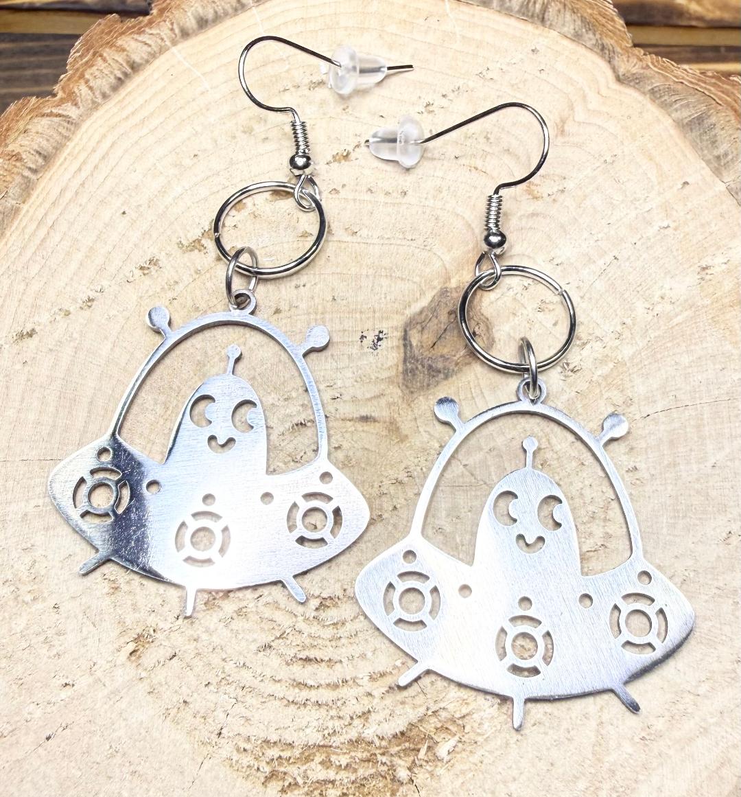 NEW Large Happy Alien in Spaceship Stainless Steel Earrings