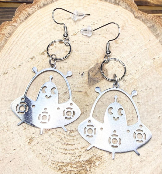 NEW Large Happy Alien in Spaceship Stainless Steel Earrings
