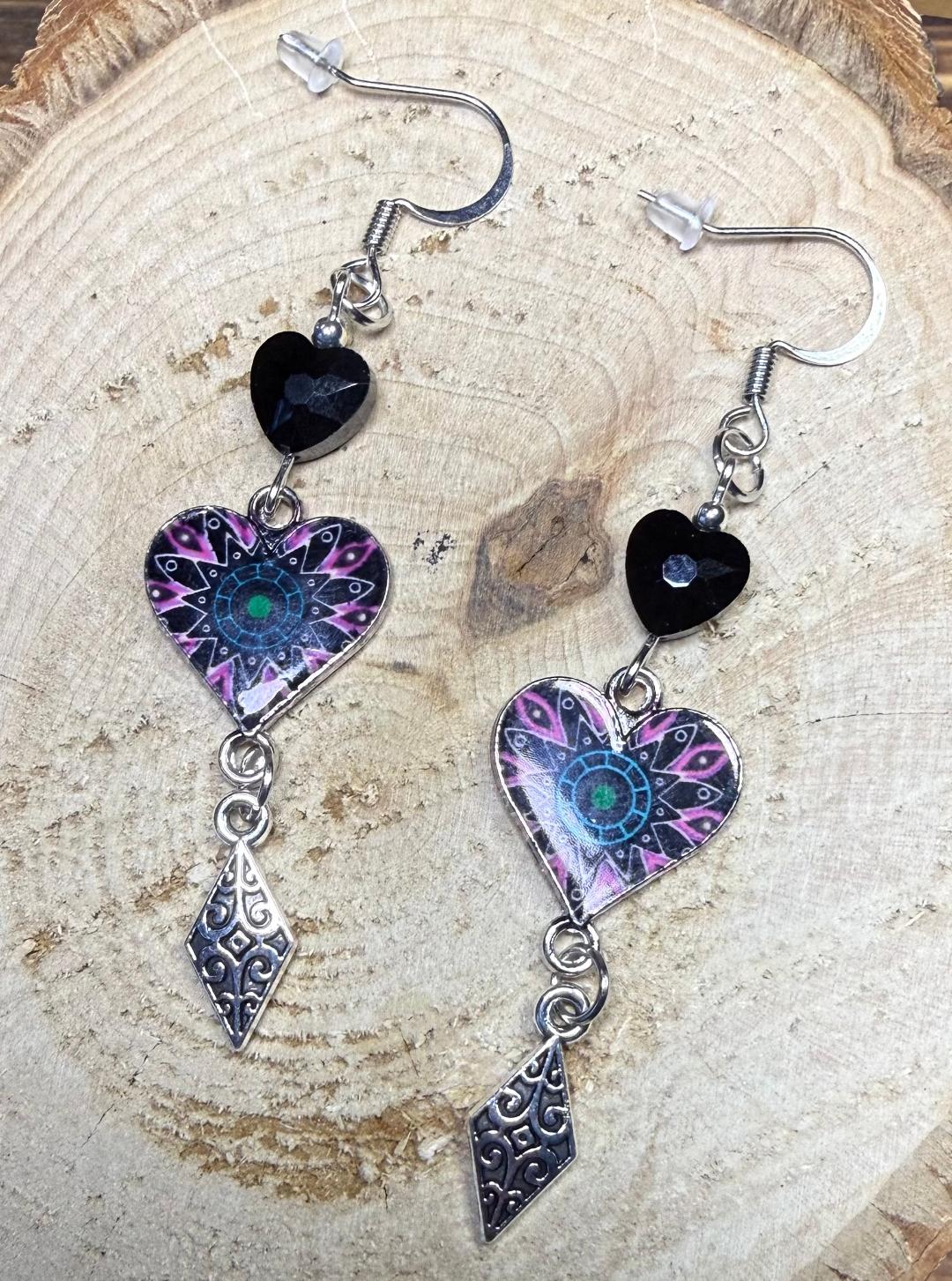 NEW Colorful Heart Charm Earrings w/ Glass Black Heart Beads