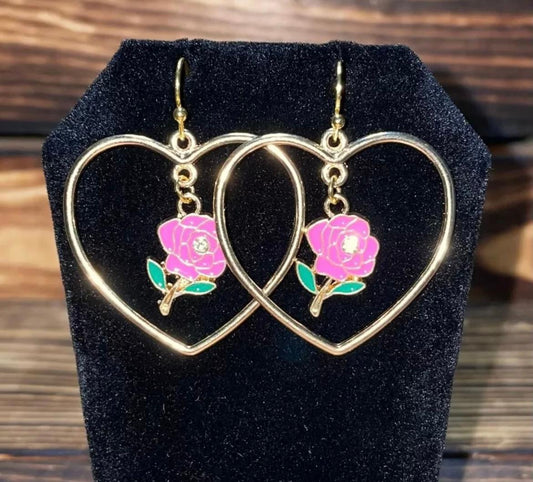 NEW Sweet Heart Shaped Hoop Gold Tone Dangle Earrings with Pink Enamel Rose