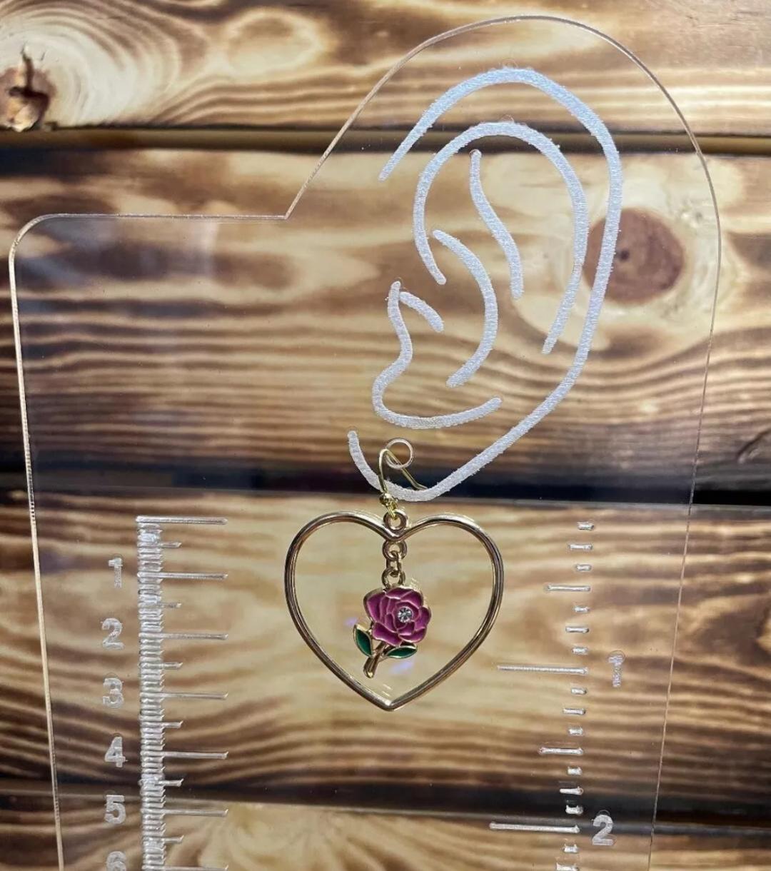 NEW Sweet Heart Shaped Hoop Gold Tone Dangle Earrings with Pink Enamel Rose
