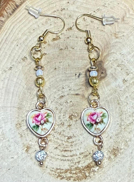 NEW Romantic Heart Rose Charm Dangle Earrings w/ Rhinestone Covered Beads