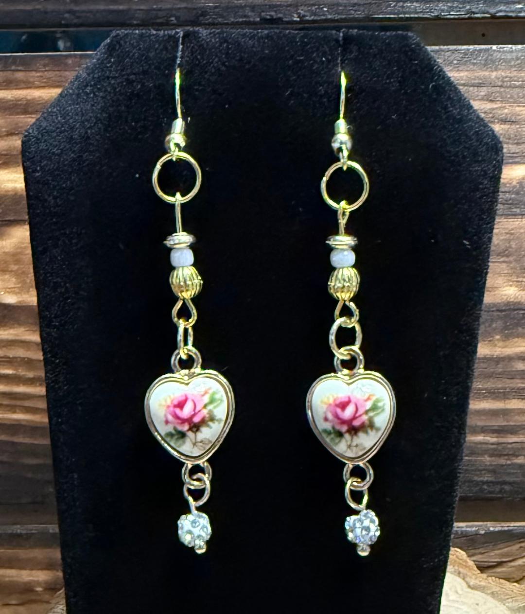 NEW Romantic Heart Rose Charm Dangle Earrings w/ Rhinestone Covered Beads