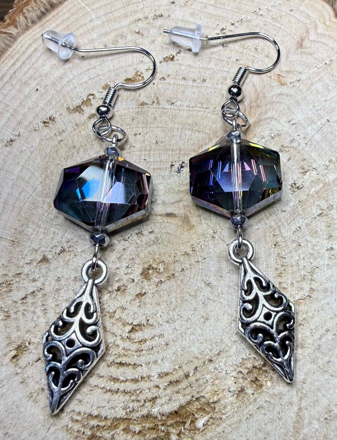 NEW Glass Iridescent Rainbow Hexagon Earrings w/ Filigree Charms