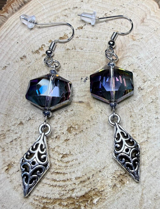 NEW Glass Iridescent Rainbow Hexagon Earrings w/ Filigree Charms