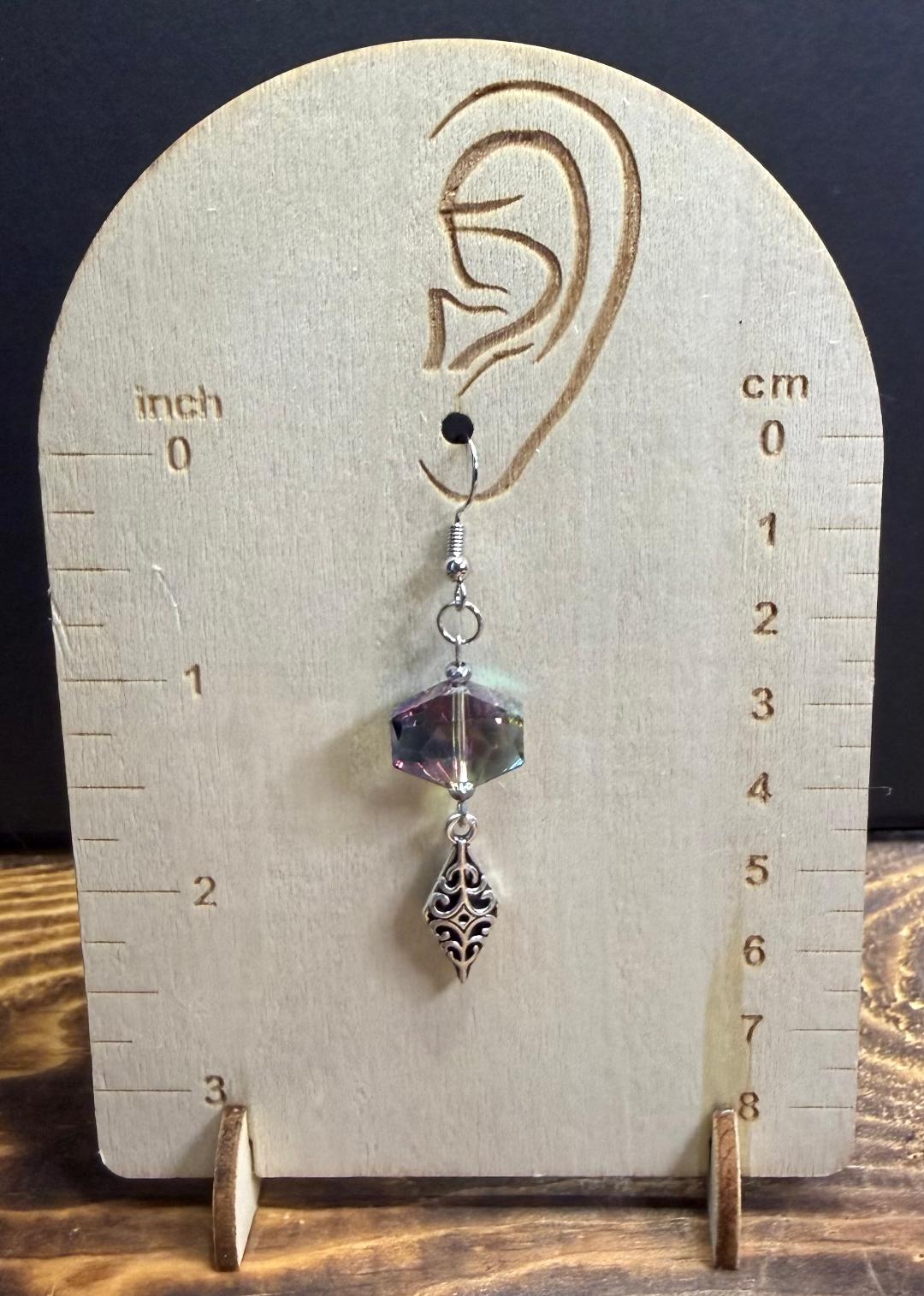 NEW Glass Iridescent Rainbow Hexagon Earrings w/ Filigree Charms