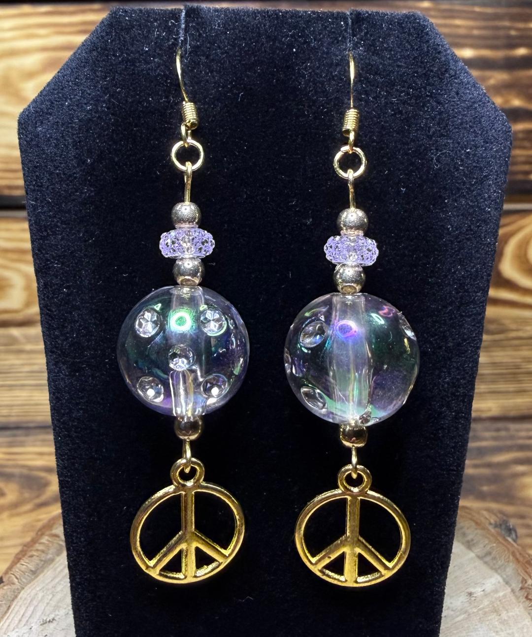 NEW Hippie Style Large Clear Ball & Peace Sign Earrings