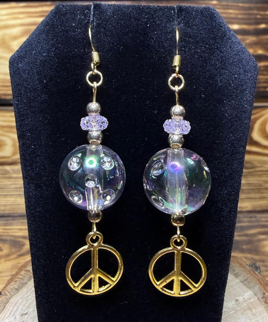 NEW Hippie Style Large Clear Ball & Peace Sign Earrings