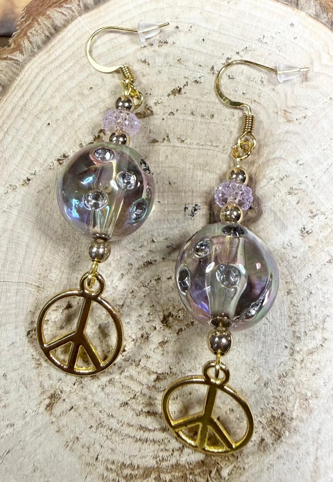 NEW Hippie Style Large Clear Ball & Peace Sign Earrings