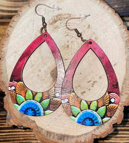 NEW Boho Hippie Large Wooden Floral Teardrop Earrings