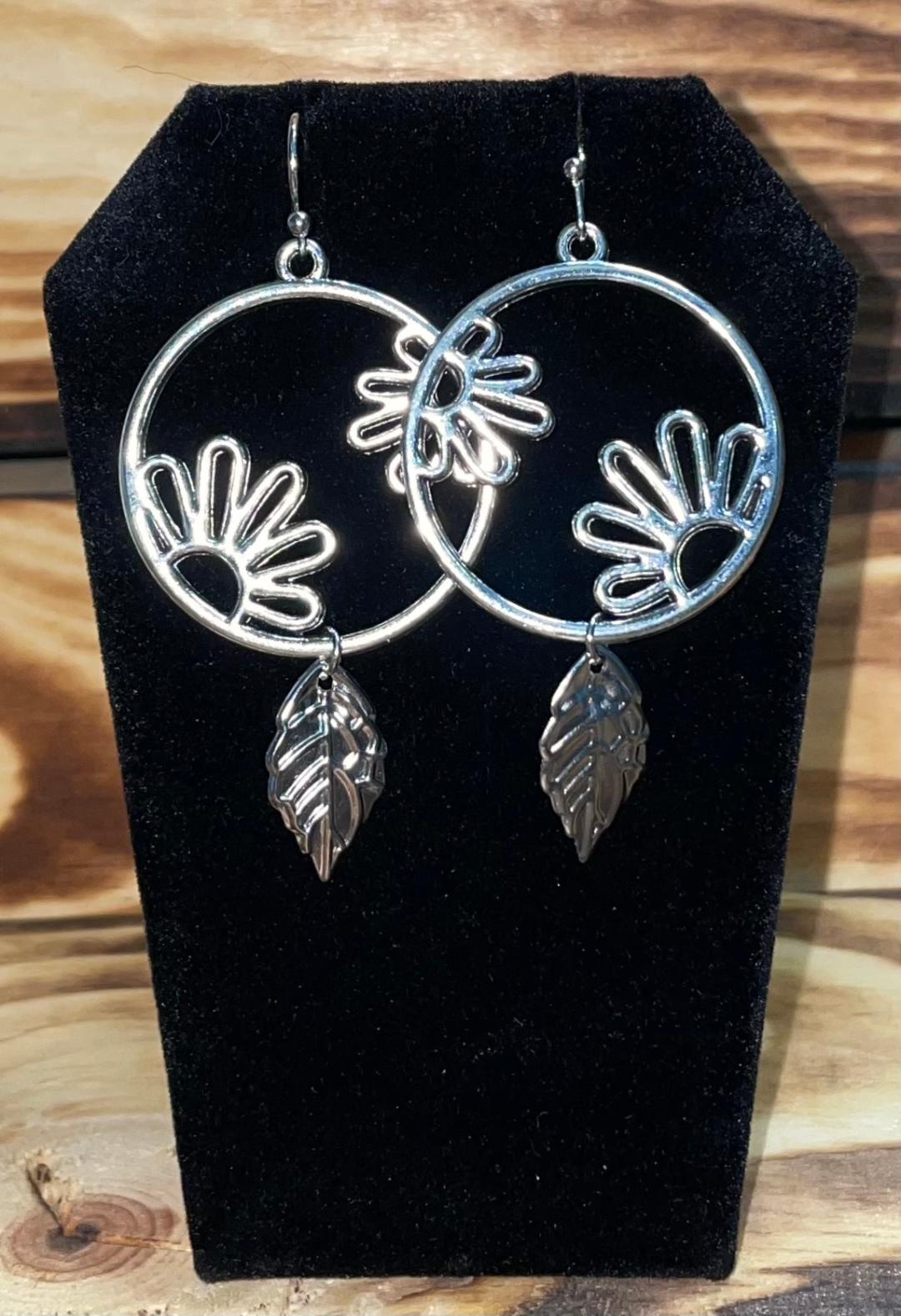 NEW Boho Hippie Silvertone Hoop Earrings  w/ Flowers & Leaves
