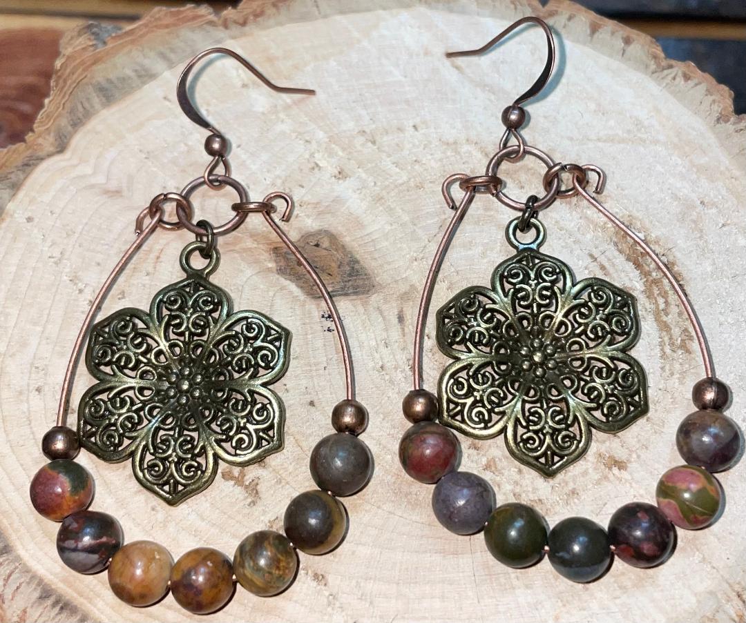 NEW Bronze Tone Boho HIppie Flower, Beads,  Hoop Drop Dangle Tribal Earrings