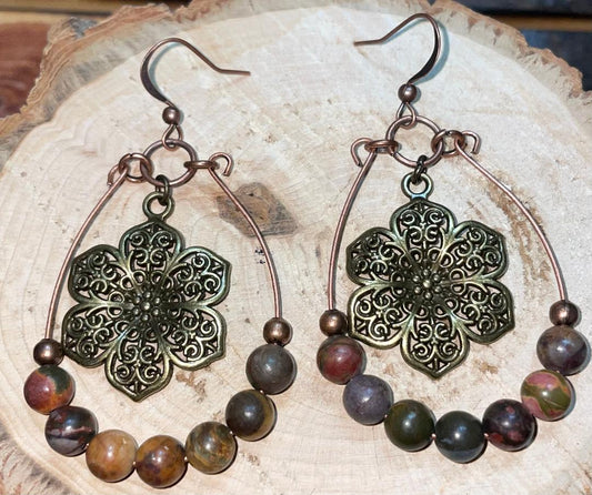 NEW Bronze Tone Boho HIppie Flower, Beads,  Hoop Drop Dangle Tribal Earrings