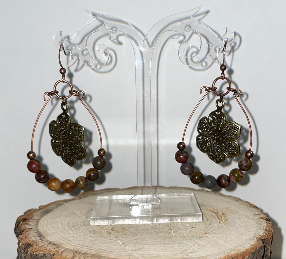 NEW Bronze Tone Boho HIppie Flower, Beads,  Hoop Drop Dangle Tribal Earrings