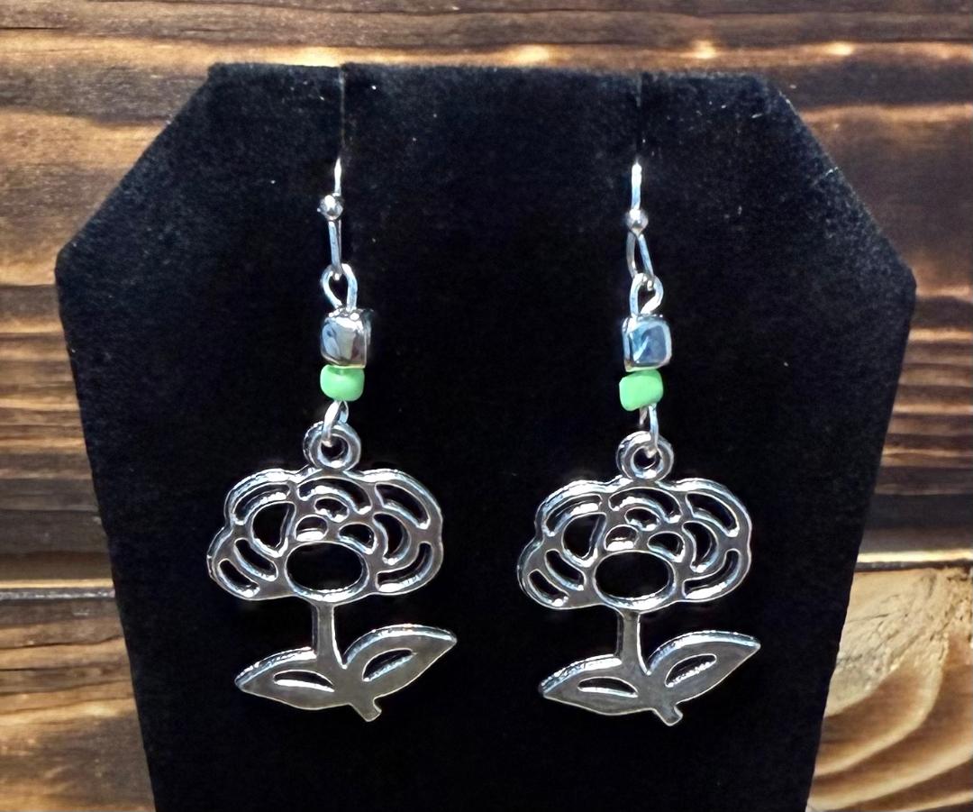 NEW Hollow Flower Charm Earrings w/ Pastel Green Beads