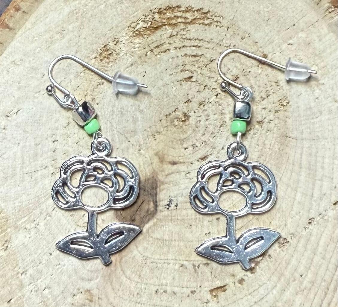 NEW Hollow Flower Charm Earrings w/ Pastel Green Beads