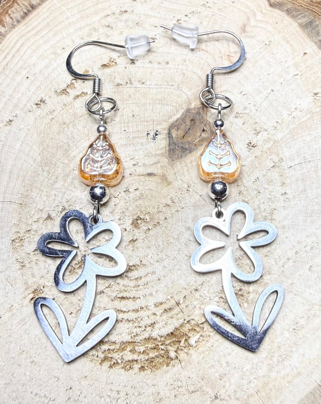 NEW Hollow Hippie Flower Charm Earrings w/ Amber Glass Leaf Beads