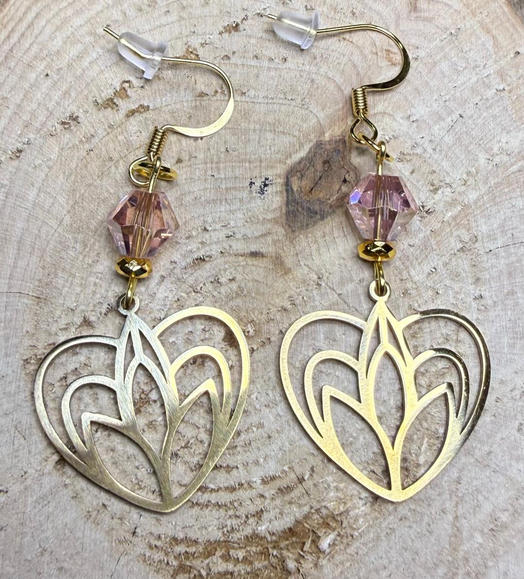NEW Hollow Gold Stainless Steel Heart Earrings w/ Pink Glass Beads