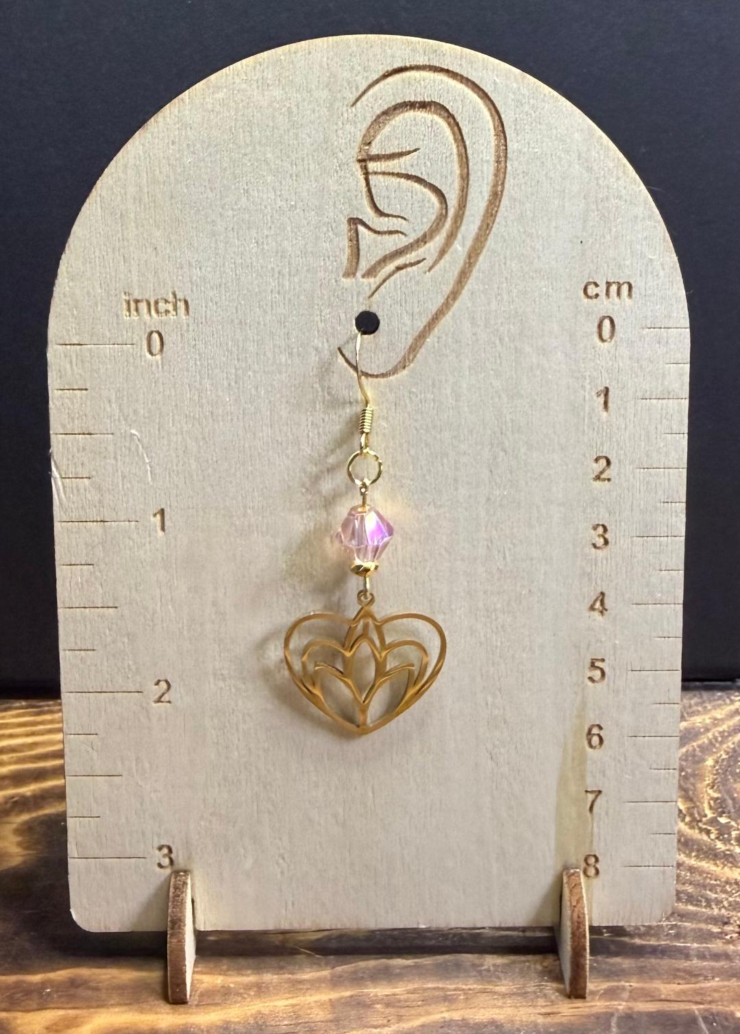 NEW Hollow Gold Stainless Steel Heart Earrings w/ Pink Glass Beads