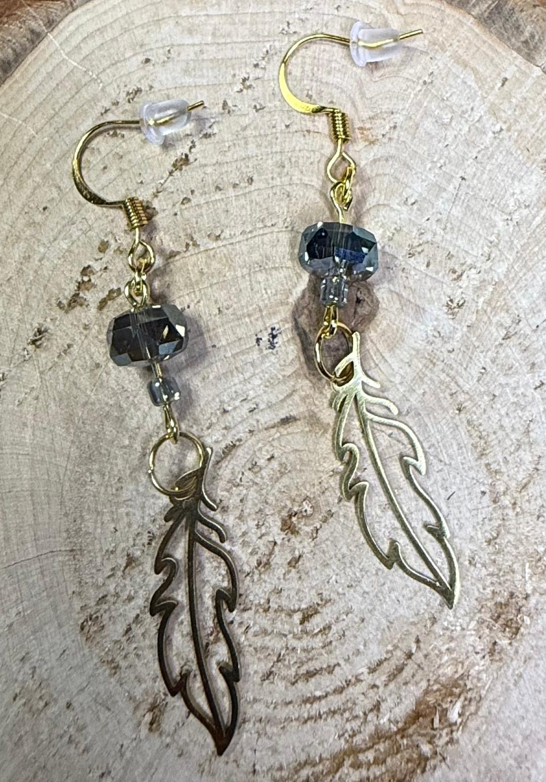 NEW Hollow Gold Feather Earrings w/ Sage Green Glass Beads