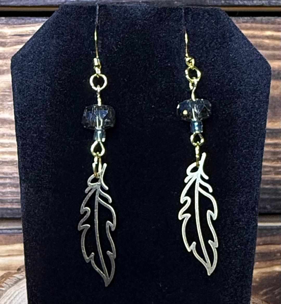 NEW Hollow Gold Feather Earrings w/ Sage Green Glass Beads