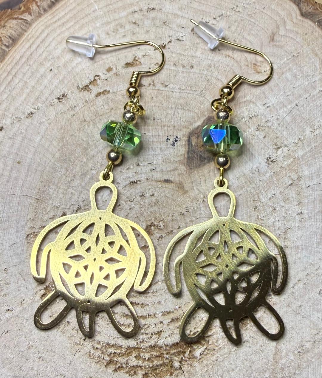 NEW Hollow Stainless Steel Gold Turtle Charm Earrings w/ Green Glass Beads