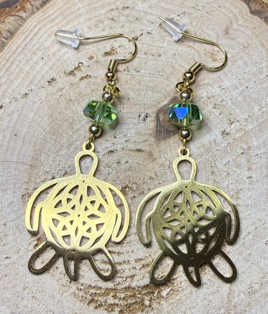 NEW Hollow Stainless Steel Gold Turtle Charm Earrings w/ Green Glass Beads