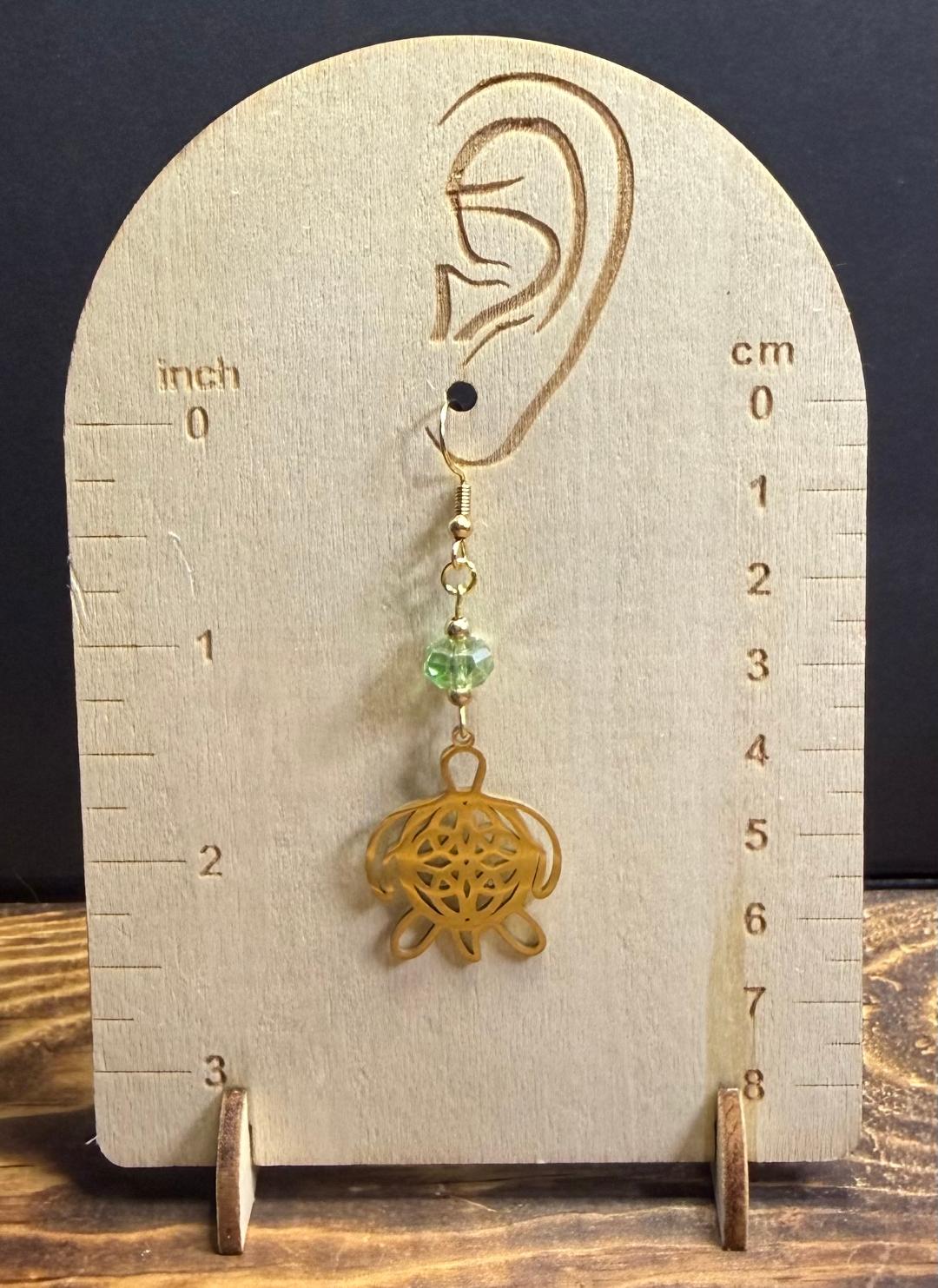 NEW Hollow Stainless Steel Gold Turtle Charm Earrings w/ Green Glass Beads