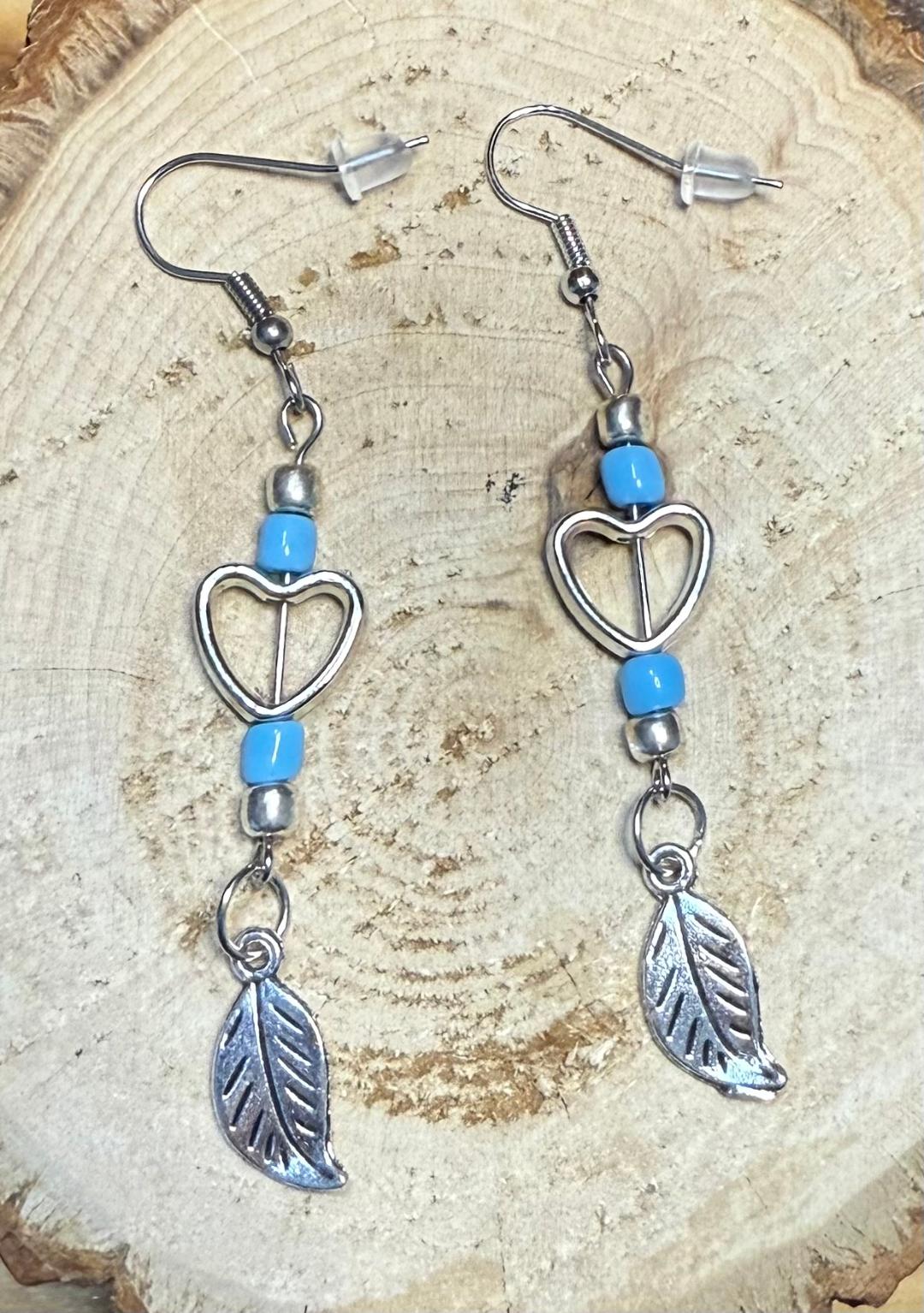 NEW Hollow Heart, Beads & Leaf Charm Earrings