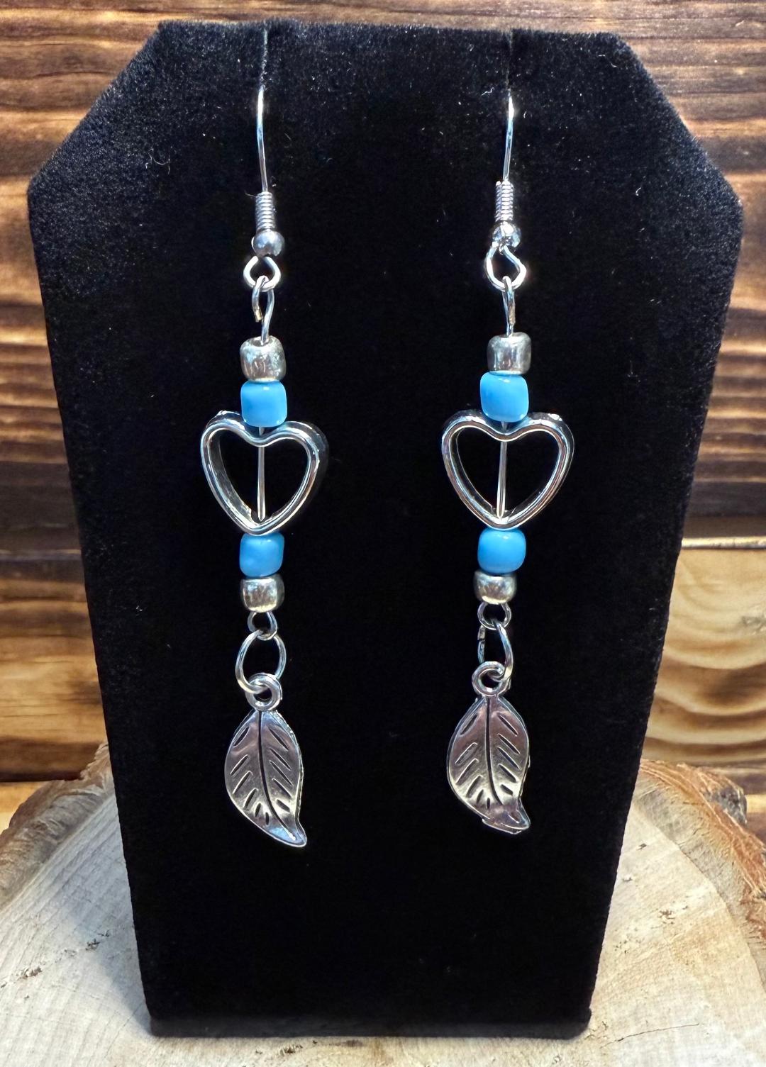 NEW Hollow Heart, Beads & Leaf Charm Earrings